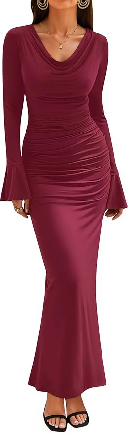 ZESICA Women's 2025 Fall Long Sleeve Ruched Knit Bodycon Maxi Dress Cowl Neck Back Slit Formal We... | Amazon (US)