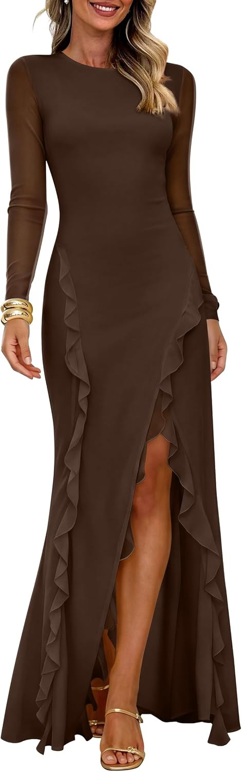 Prinbara Womens Mesh Long Sleeve Maxi Dresses Fall Formal Wedding Guest | Amazon (US)