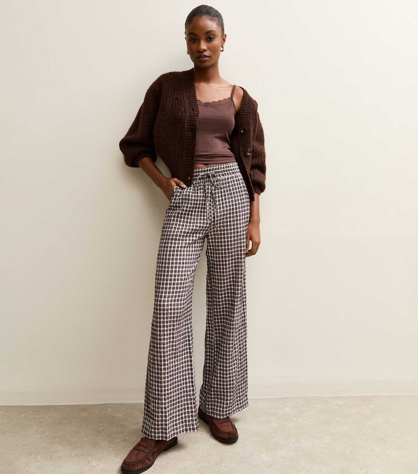 Cream Soft Touch Check Wide Leg Trousers | New Look | New Look (UK)