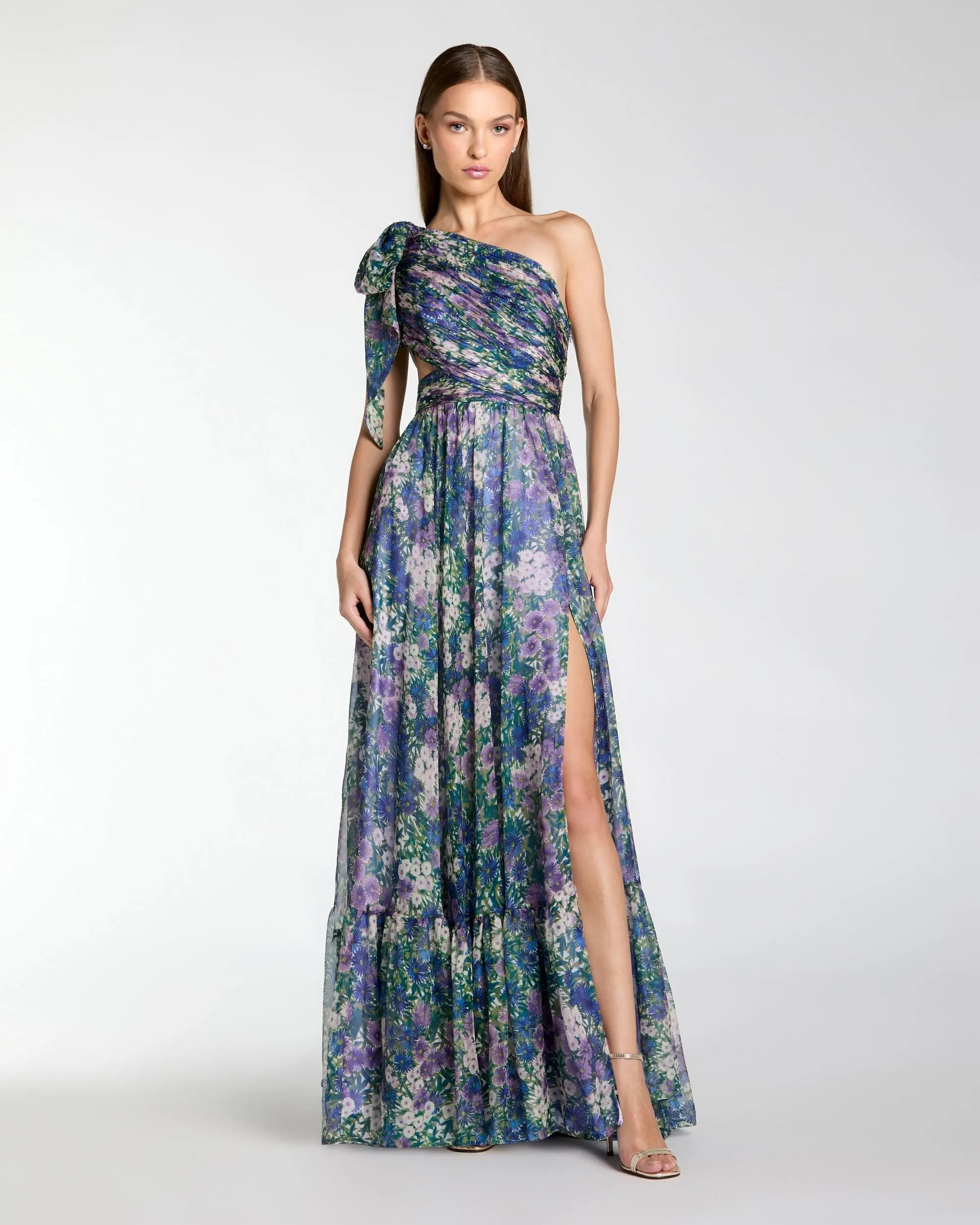 Purple One Shoulder Floral Printed Chiffon Side Cut Out Gown | Mac Duggal | Mac Duggal