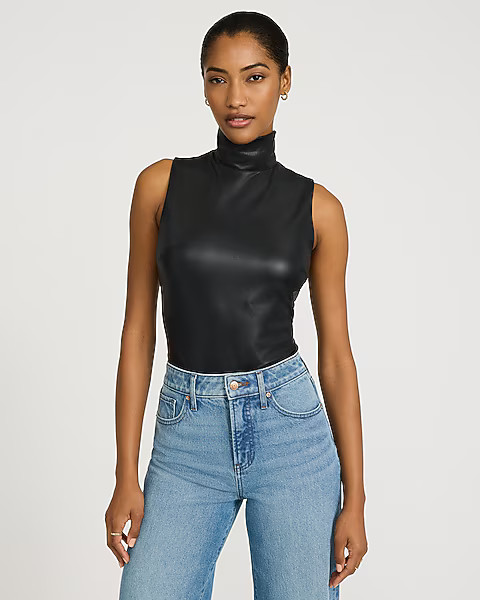 Body Contour Faux Leather Mock Neck Sleeveless Bodysuit | Express