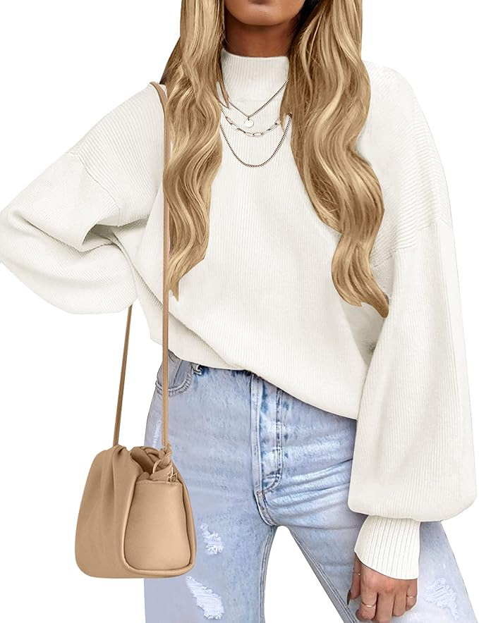 ZESICA Women's 2024 Casual Turtleneck Long Lantern Sleeve Oversized Ribbed Knit Pullover Sweater ... | Amazon (US)