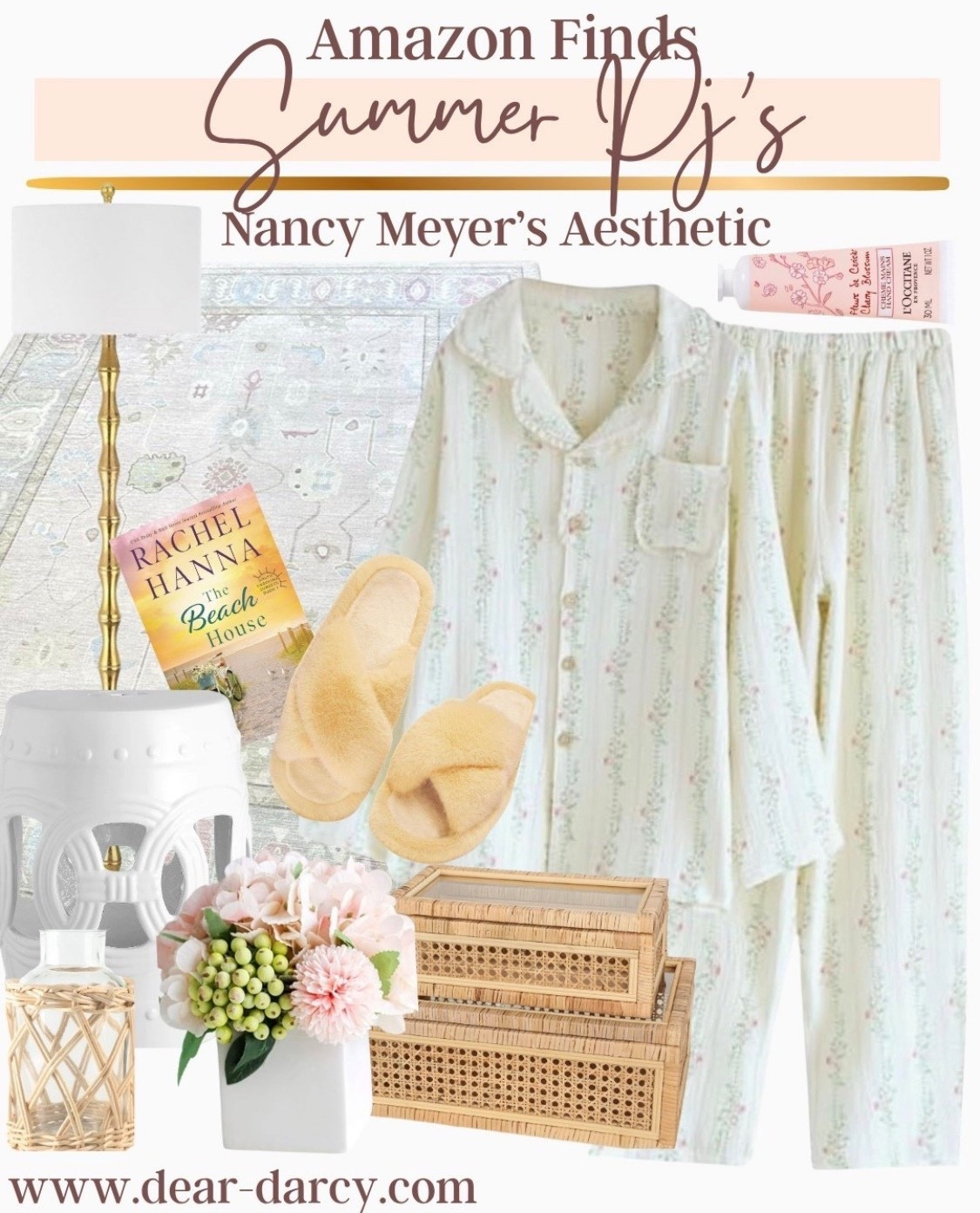 Amazon Finds

Summer pj’s
Nancy Meyers aesthetic 

Super soft and comfortable pj set in a soft romantic muted floral

Stack of cane boxes 
A great summer read 

Beautiful Floor lamp 

Yellow fur slipper sandals 
White garden stool
Silk floral 
Muted floral rug 
A great hand lotion 
Table lamp 


#LTKStyleTip 

#LTKmomlife #LTKMothersDay #LTKselfcare
