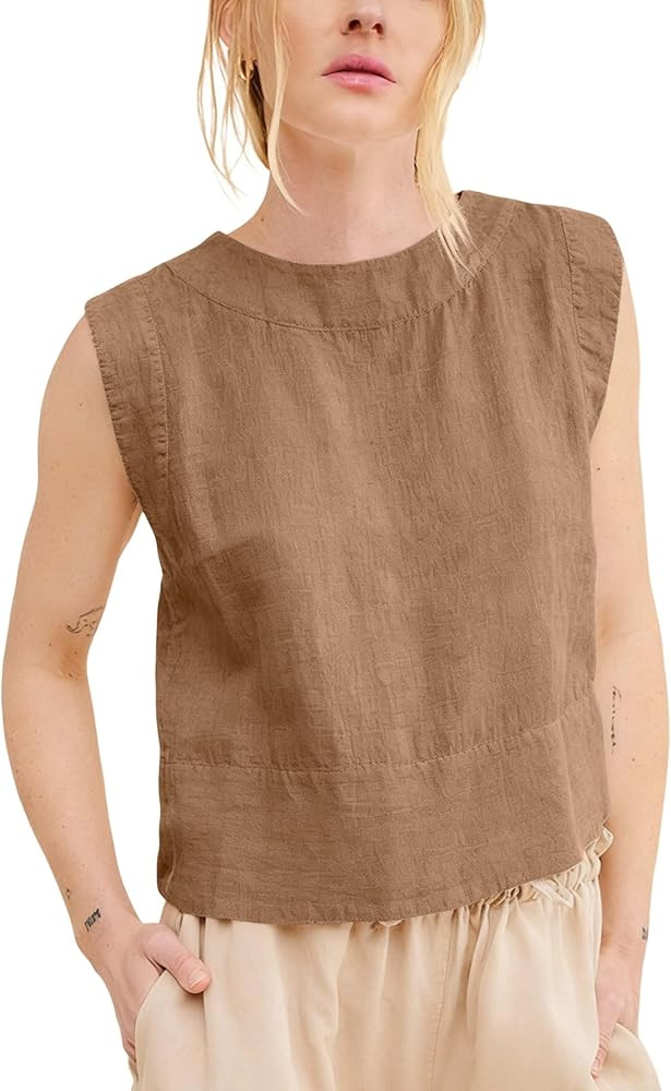 Xiaoxuemeng Womens Cotton Linen Tank Tops Loose Back Half Button Crewneck Vest Sleeveless Summer ... | Amazon (US)