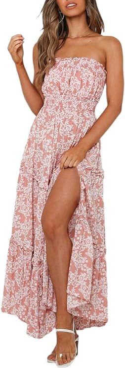Vintagton Womens Floral Strapless Maxi Casual Dress with Side Slit Boho Summer Long Dresses | Amazon (US)