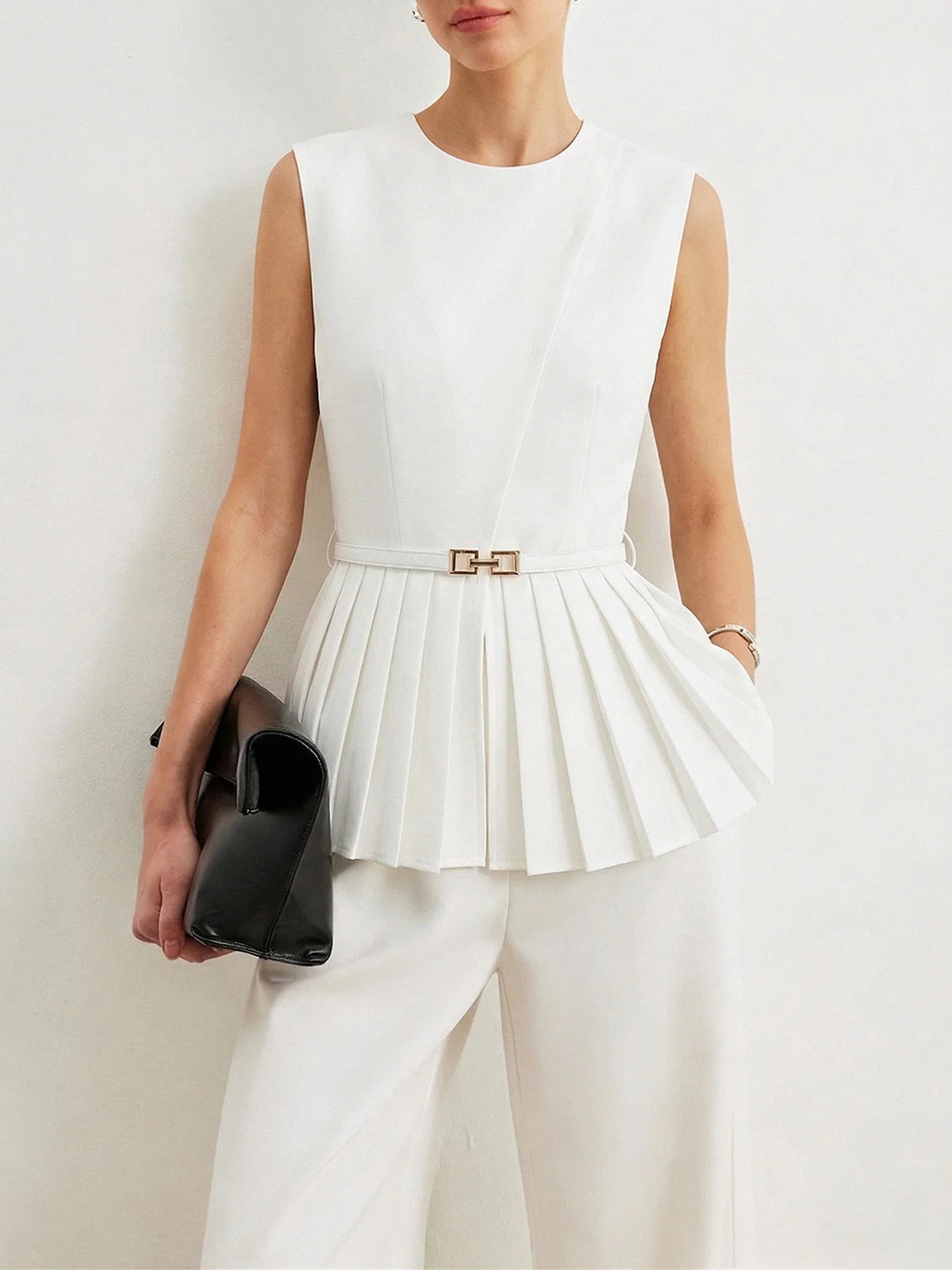 Belted Sleeveless Pleated Peplum Top | Commense