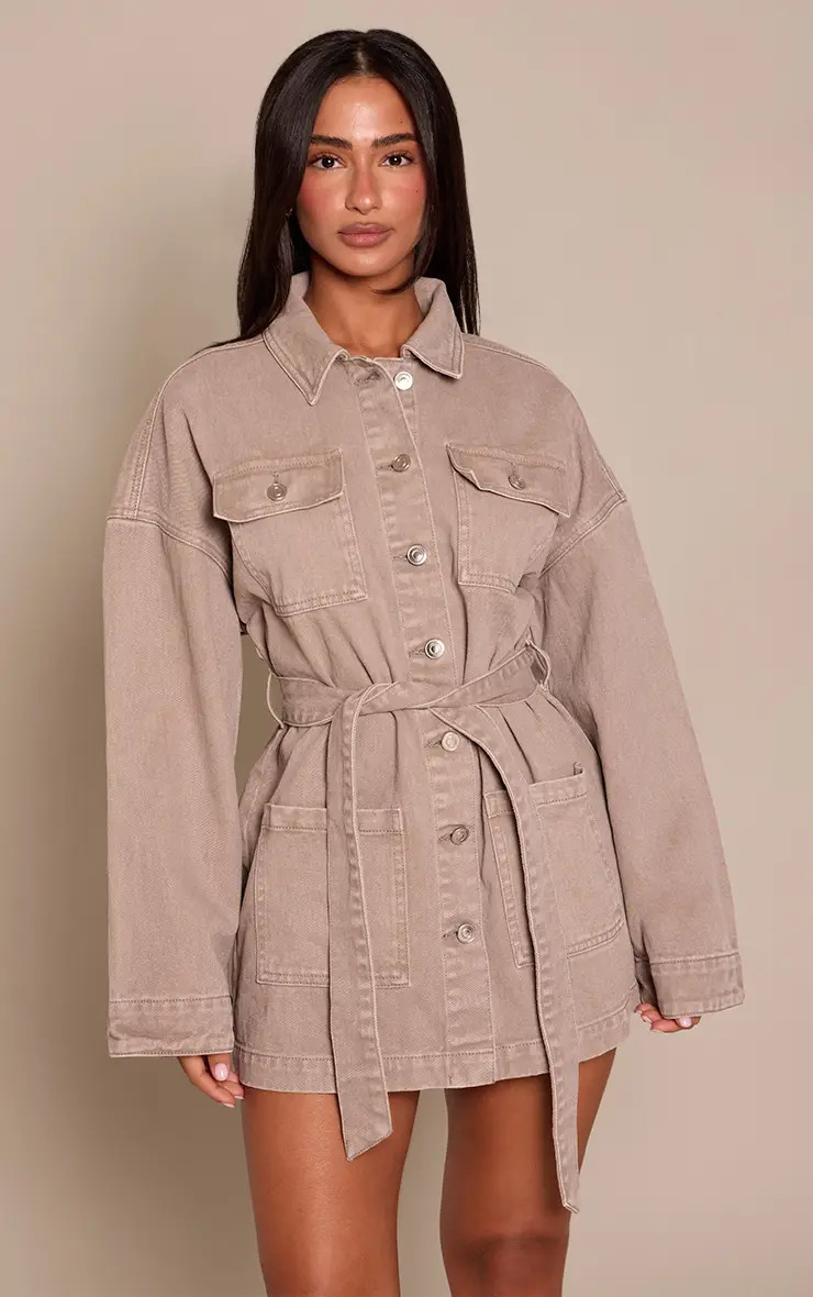 Dresses | Petite Beige Utility Pocket Tie Waist Denim Dress | PrettyLittleThing | PrettyLittleThing US