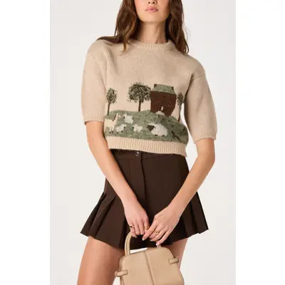 ASTR the Label Colette Landscape Crewneck Sweater in Oatmeal at Nordstrom, Size Small | Nordstrom