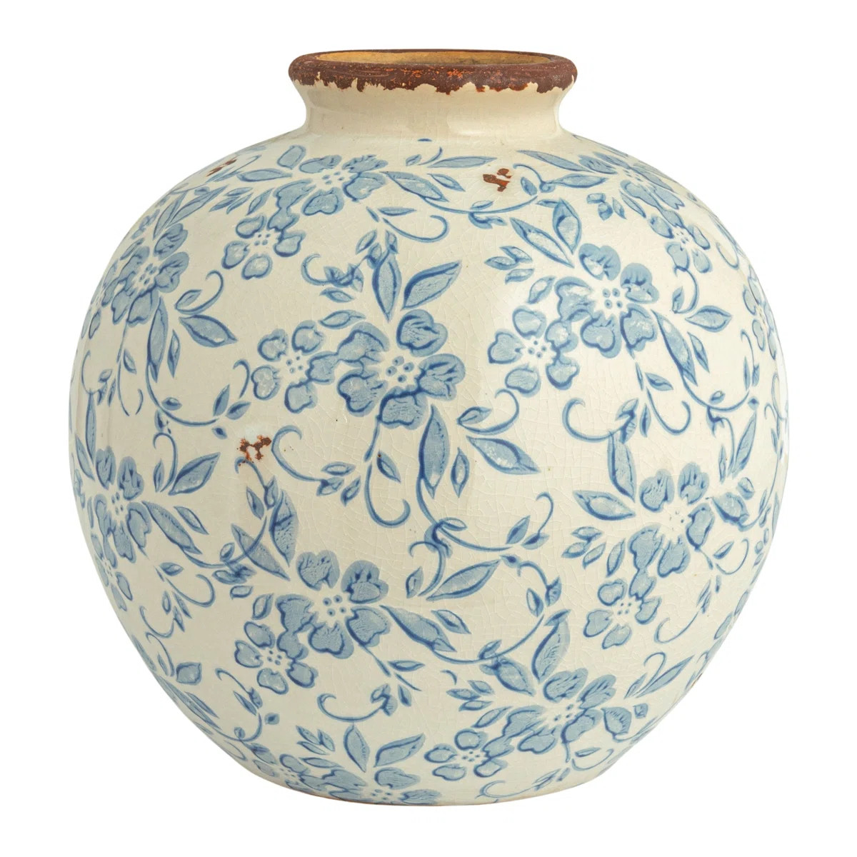 Dolohov Round Decorative Terra-cotta Vase with Transferware Pattern, Blue and White | Wayfair North America