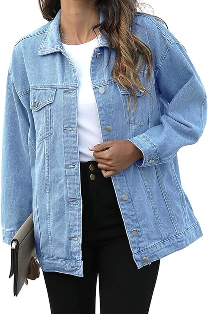 SeekMe Women's Oversized Jean Jacket Plus Size Fashion Boyfriend Button Down Washed Denim Jacket | Amazon (US)