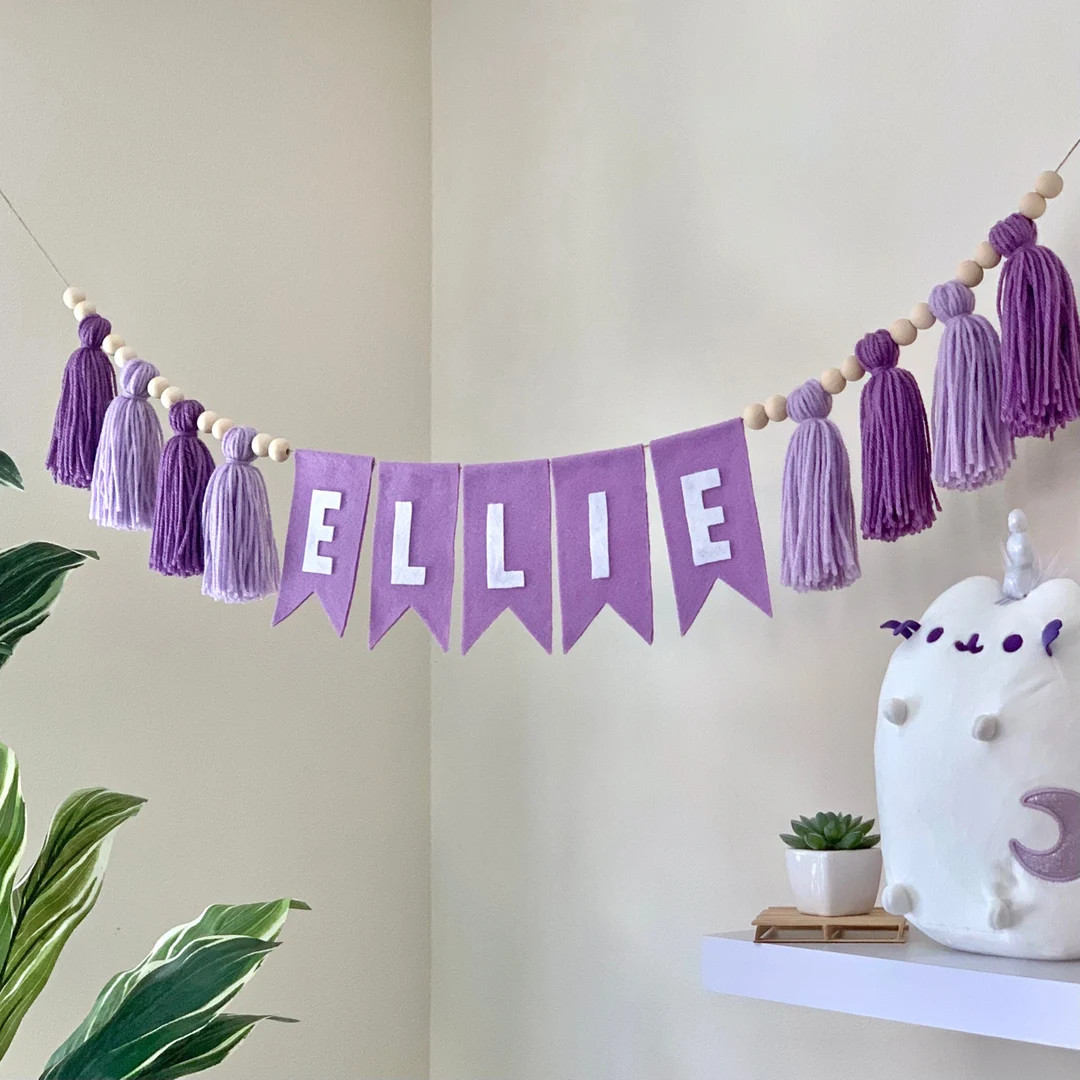 Custom Name Banner Purple Lavender Tassels Wood Beads Garland Felt Flag Bunting Nursery Yarn Tass... | Etsy (US)