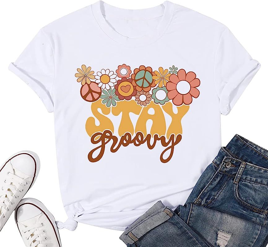 Retro Stay Groovy Shirt for Women Hippie 70s T-Shirt Cute Floral Graphic Tees Casual Summer Short... | Amazon (US)