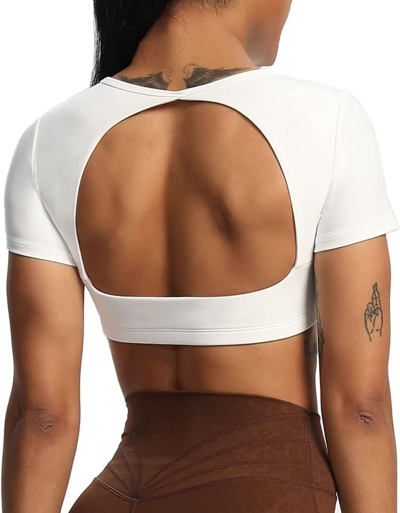 Aoxjox Short Sleeve Crop Tops for Women Clarissa Hollow Back Workout Crop T Shirt Top | Amazon (US)