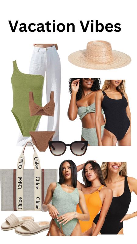 Resort style vacation looks one piece bathing suit Hunza G lookalikes tote bag for the beach hat 