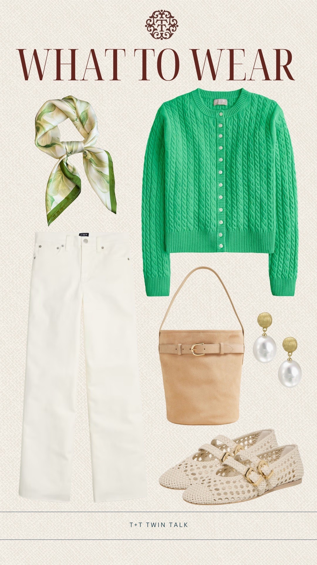 T+T, what to wear! We paired this vibrant green J.Crew sweater with a white pant for a festive St. Patrick’s Day look. The structured J.Crew bucket bag pulls everything together while keeping the outfit neutral and refined. We finished the look with a printed scarf and elegant Nordstrom earrings for a subtle finishing detail. 

#LTKMidsize #LTKOver40 #LTKSeasonal