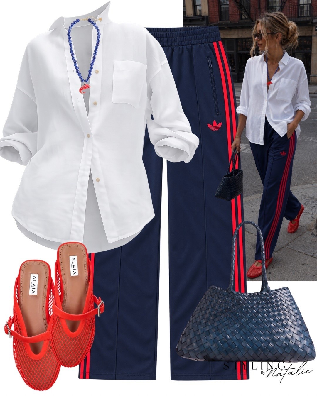 Navy & red Adidas track pants, white shirt, red Alaia mesh slip on  ballet flats, blue woven tote bag and blue beads.
Casual outfit, Everyday outfit, elevated casual look, transitional look, travel look, airport outfit, chic sporty luxe chic, adidas originals.

#LTKFashionMonth #LTKeurope #LTKmidsize