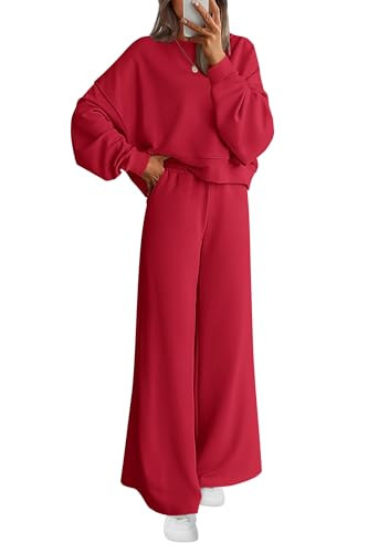 PRETTYGARDEN Women 2 Piece Outfits 2026 Spring Sweatsuits Crewneck Sweatshirt Wide Leg Sweatpants Lounge Sets Tracksuit(Red,Medium) | Amazon (US)