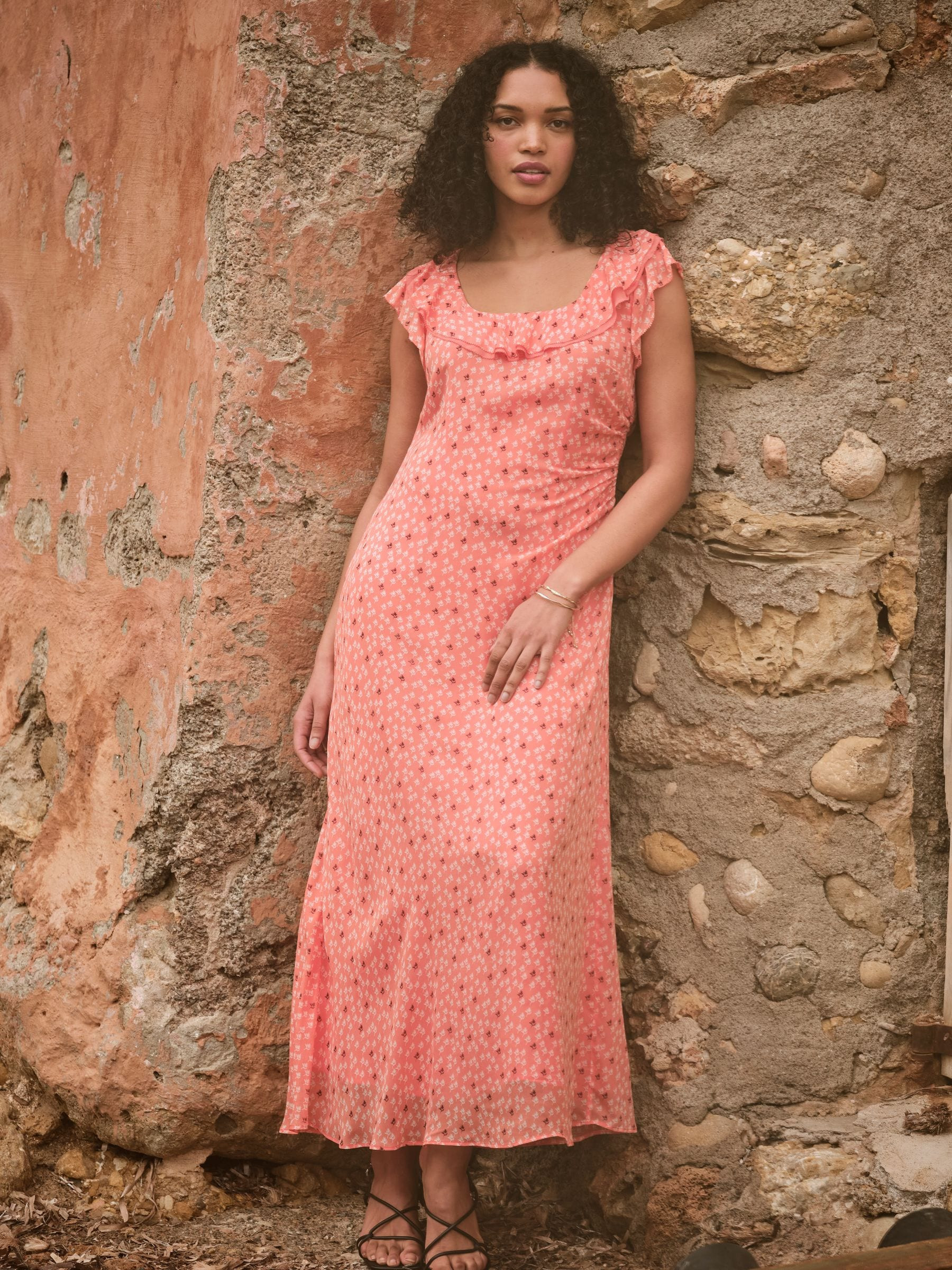 FatFace Sloane Coral Pink Scoop Neck Printed Dress | Fat Face