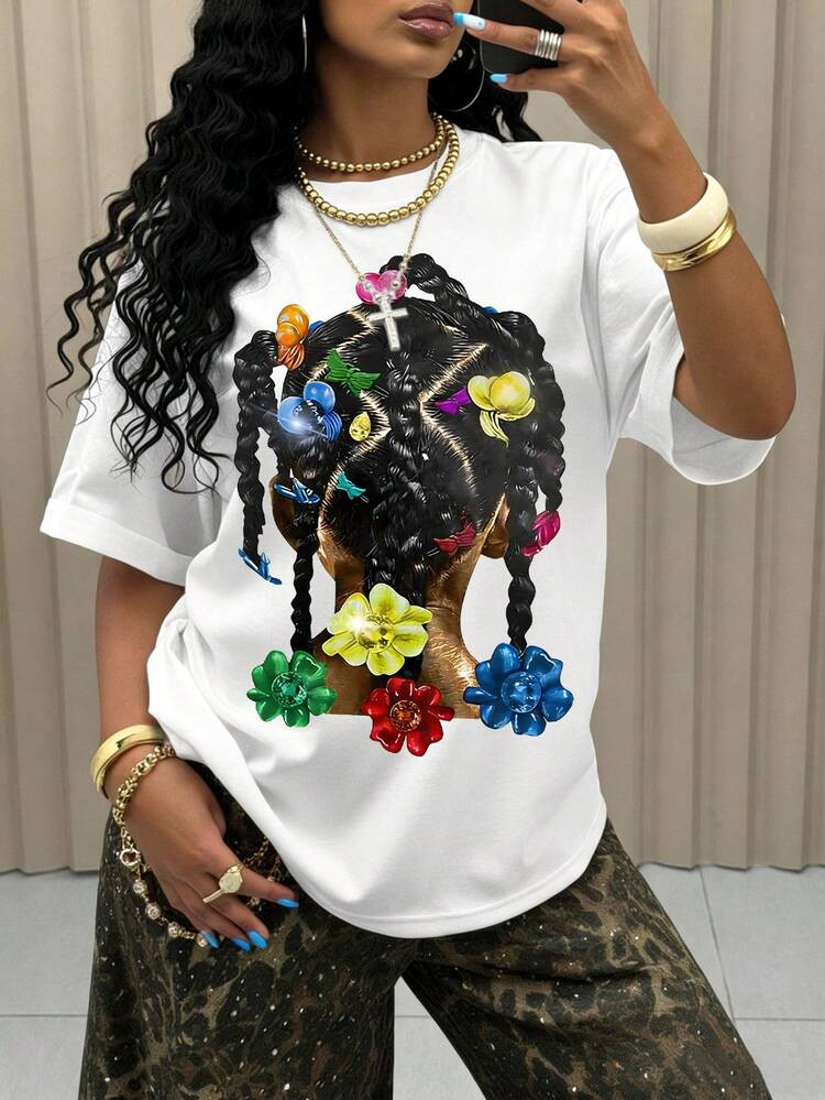 Rovax American Girl Style Braided Print T-Shirt | SHEIN