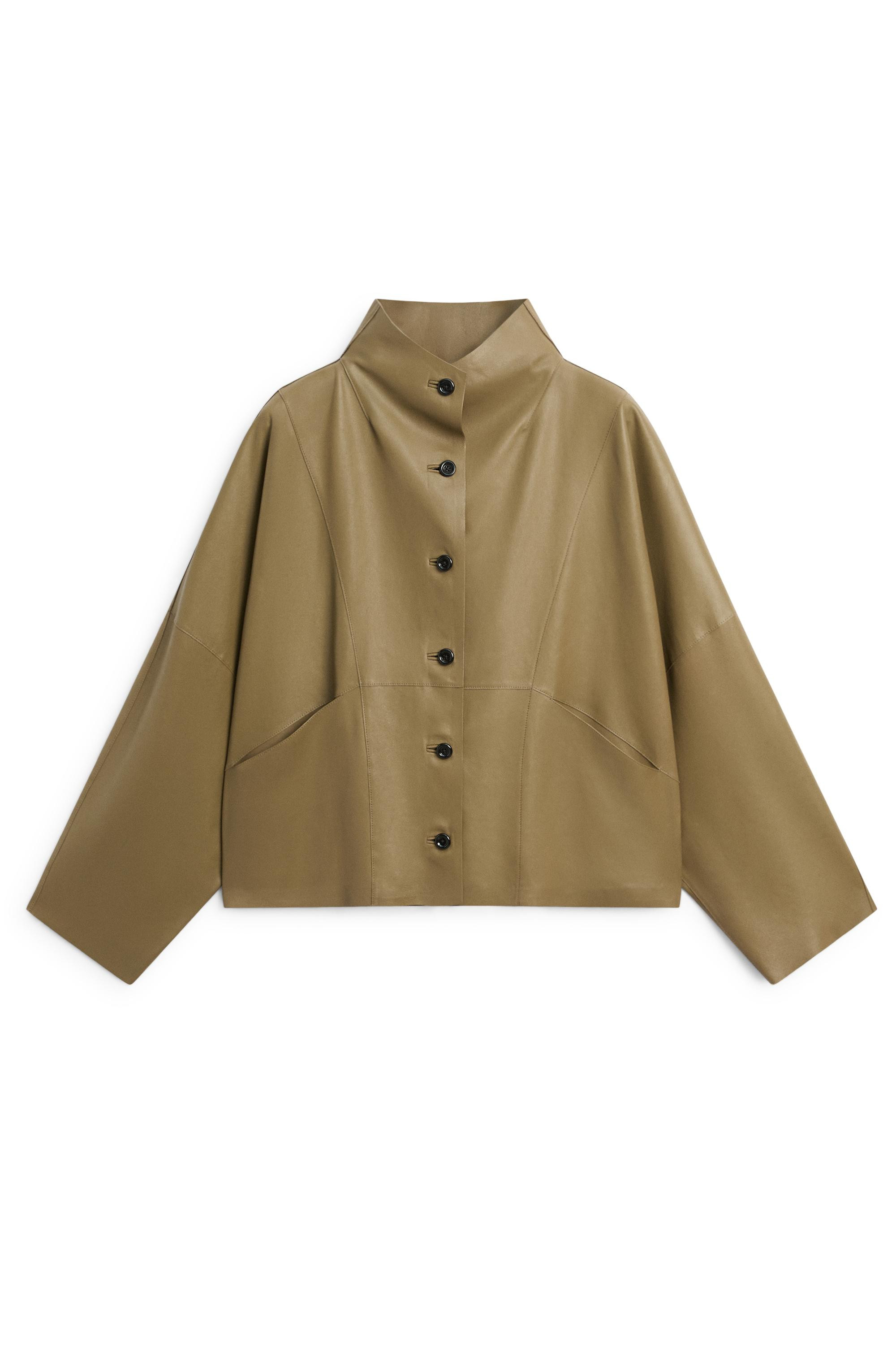 Stand collar cropped nappa leather jacket - KHAKI | Massimo Dutti US