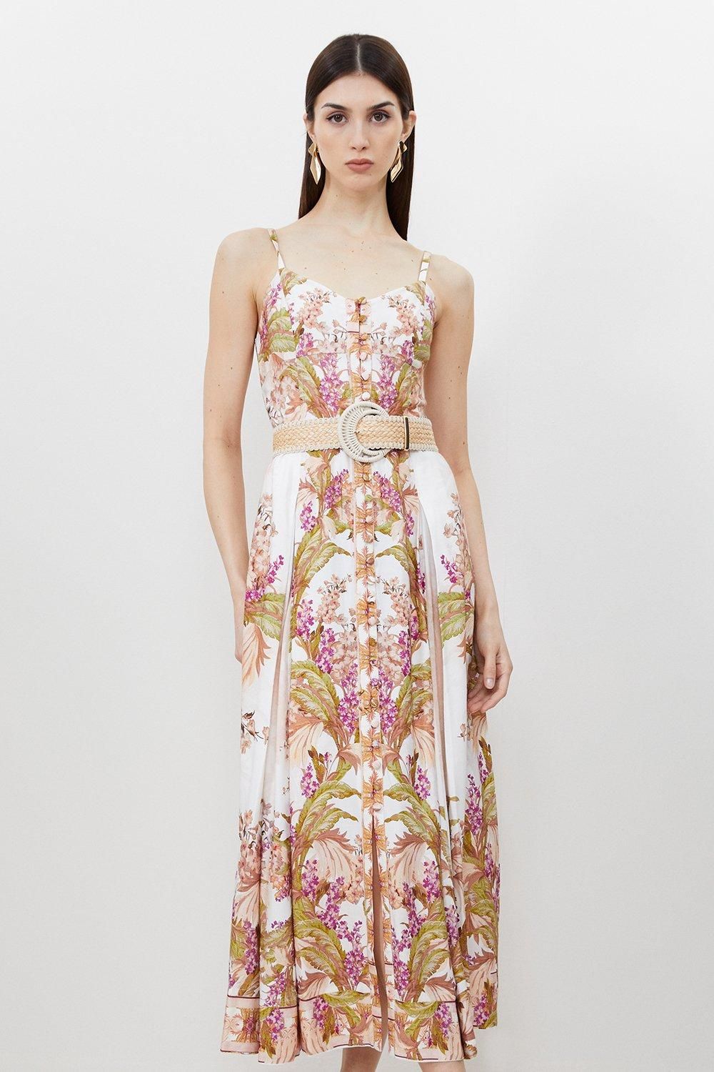 Mirorred Floral Viscose Linen Strappy Midaxi Dress | Karen Millen US
