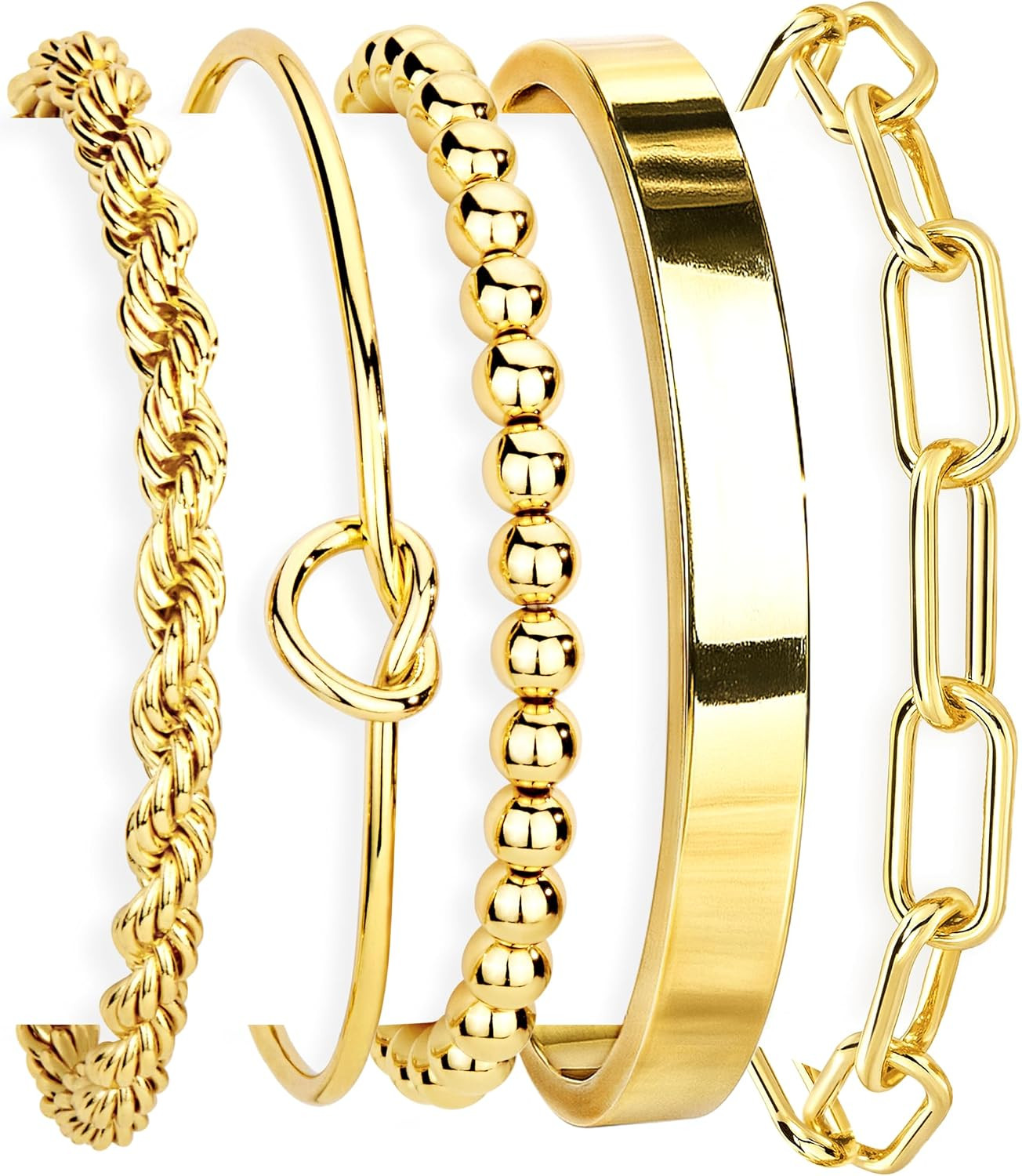 Gold Bracelets Set for Women Non Tarnish, Waterproof 14K Gold Plated Sterling Silver Chunky Cuff Bracelet Stackable Gold Bangles Bracelet for Women Trendy Fashion Accessories Tie Knot Cuban Rope Paperclip Beaded Bracelet Stack Jewelry Mothers Day Gifts for Mom Birthday | Amazon (US)