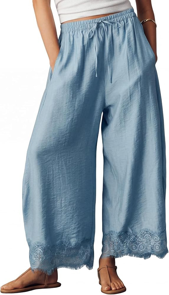 Wyeysyt Wide Leg Pants for Women Lace Trim Cropped Flowy Pants | Amazon (US)