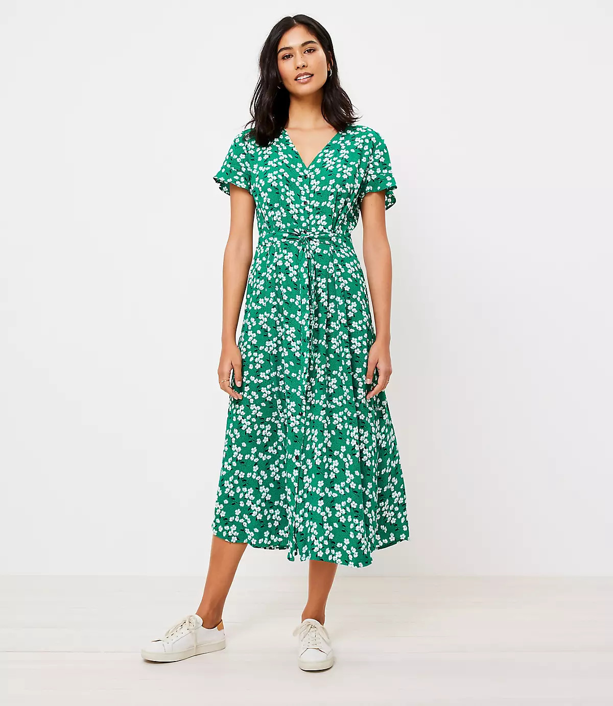 Floral Flutter Sleeve Midi Shirtdress | LOFT | LOFT