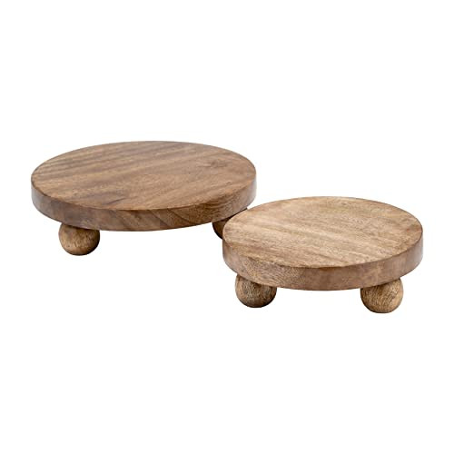 Set of 2 Round Wooden Riser Trays – Handcrafted Mango Wood Pedestal Stands – Rustic Decorative Home Decor for Modern Coffee Table, Kitchen, or Office – 10", Brown | Amazon (US)