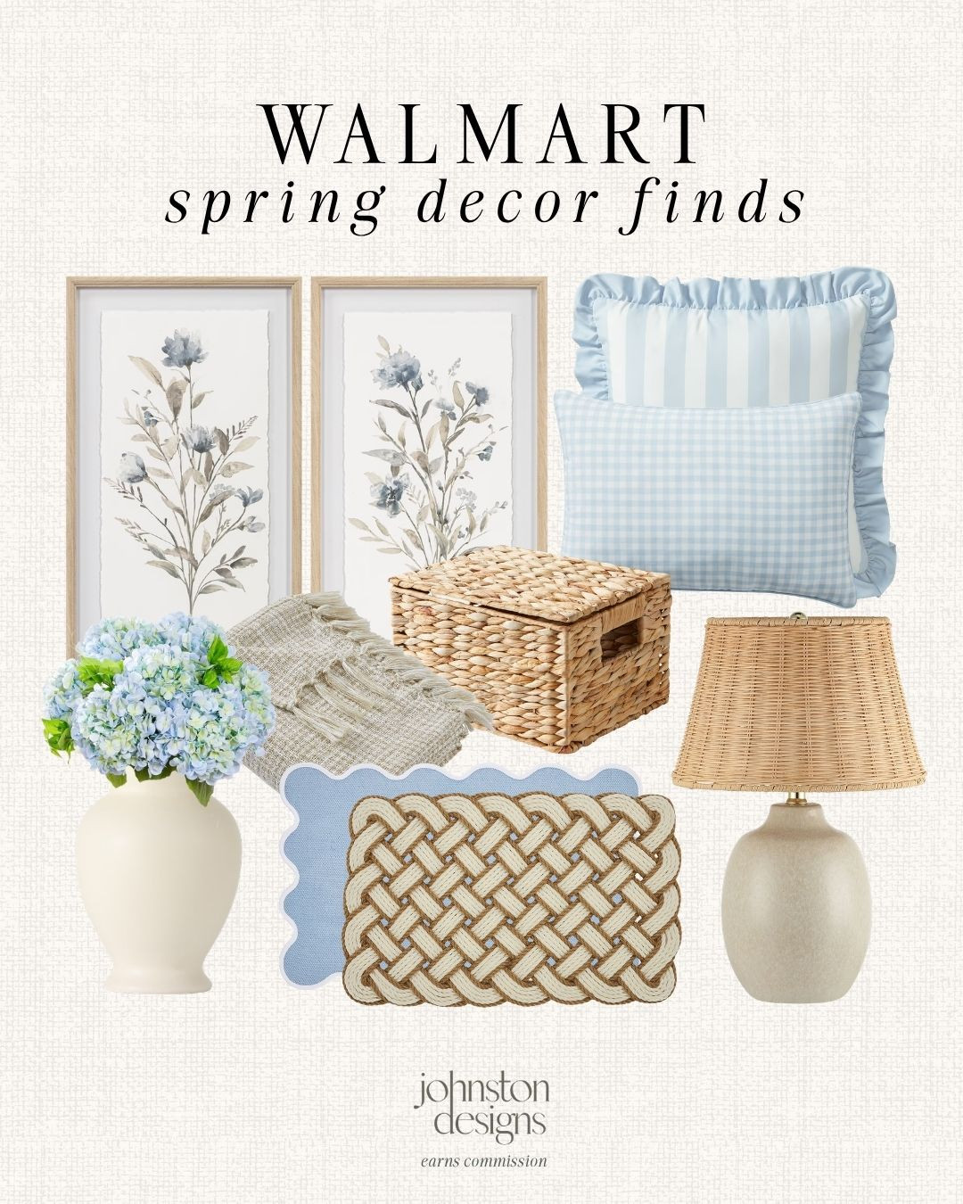 Walmart spring decor finds with blue and white accents, woven textures, floral wall art, throw pillows, and classic coastal inspired home styling. 🌸🤍

Walmart home, spring decor, blue and white decor, coastal decor, floral wall art, throw pillows, woven basket, rattan decor, table lamp, home accessories, neutral decor, spring home styling 

 #LTKSeasonal #LTKHome