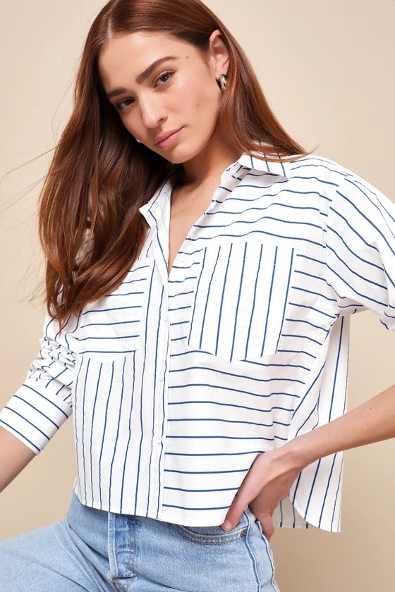 Officially Cute White and Blue Striped Cropped Button-Up Top | Lulus