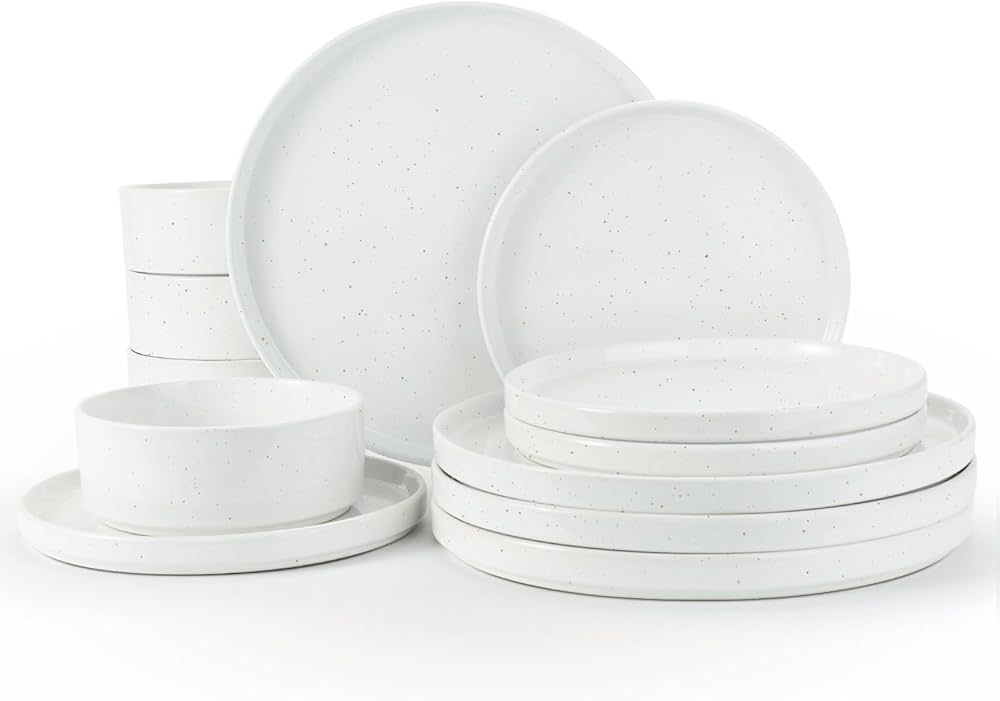 Famiware Nebula Plates and Bowls Set, 12 Pieces Dinnerware Sets, Dishes Set for 4, White with Col... | Amazon (US)