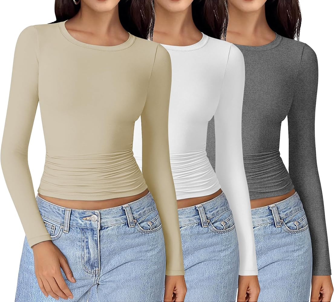 Ekouaer Womens 3 Pack Long Sleeve Shirts Ruched Side Fitted Undershirts Round Neck Underscrubs Th... | Amazon (US)