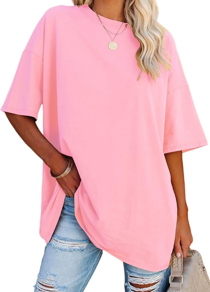 YEXIPO Women's Oversized T Shirts Summer Short Sleeve Loose Fit Casual Crewneck Plain Tunic Tops | Amazon (US)