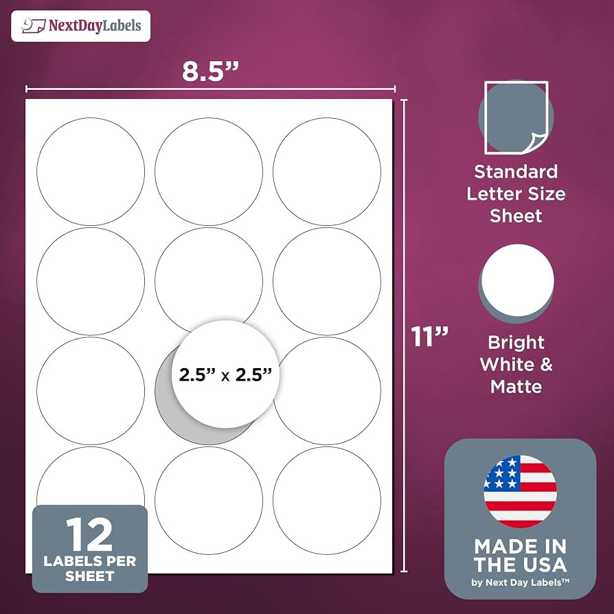 NextDayLabels 2.5 Inch Round Circle Stickers White Blank Labels for Laser Inkjet Printer - 12 Per... | Amazon (US)