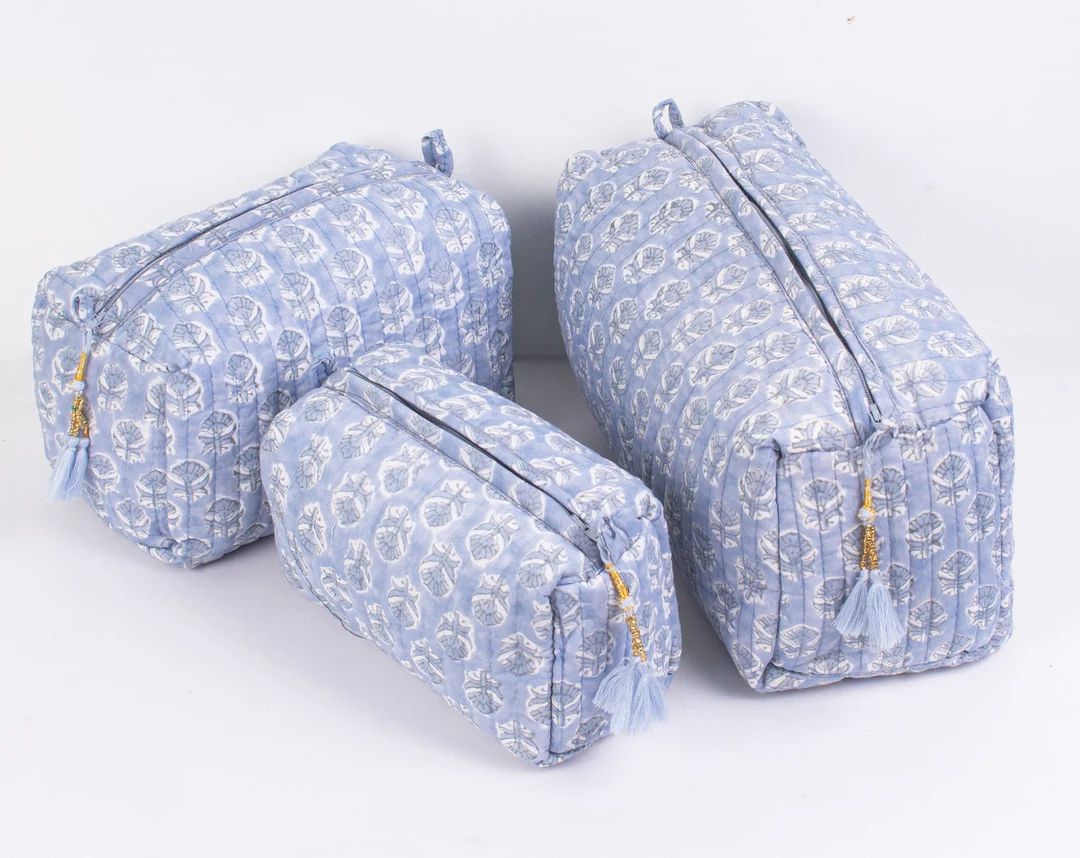 Set of 3 Block Print Toiletry Bags, Cotton Makeup Bag, Cosmetic Bag,block Print Bag Free Shipping... | Etsy (US)