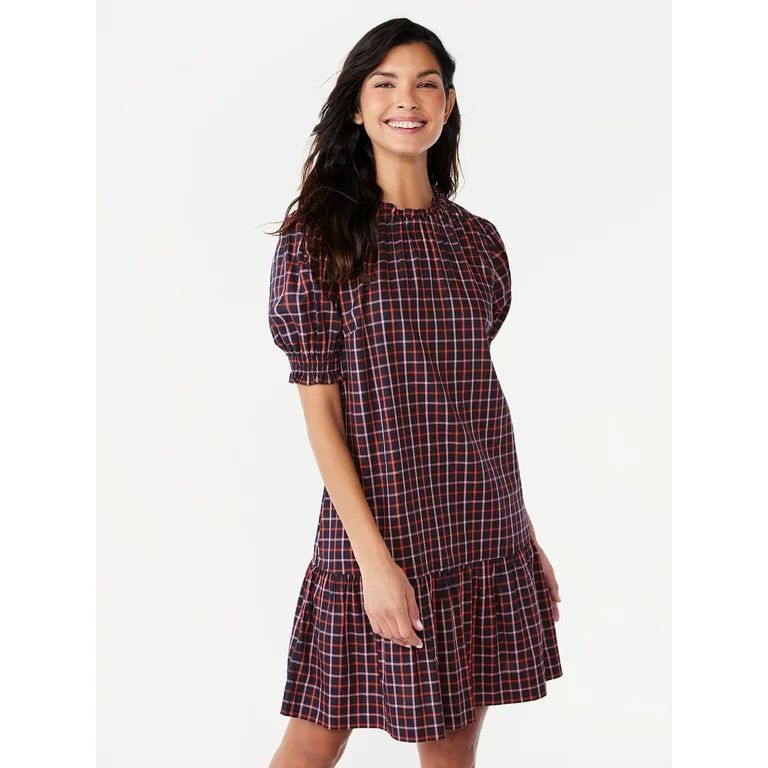 Free Assembly Women's Ruffle Neck Mini Dress with Short Sleeves, Sizes XS-XXL | Walmart (US)
