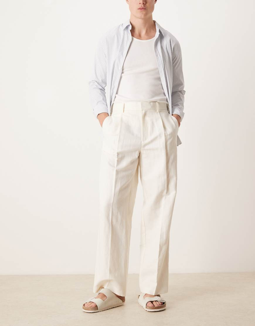 ASOS DESIGN smart pleated linen rich wide leg trousers in white | ASOS (Global)