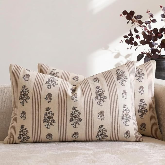 Floral Throw Pillow Covers 12 x 20 Set of 2 Block Print Pillow Covers Neutral Floral Striped Farm... | Amazon (US)