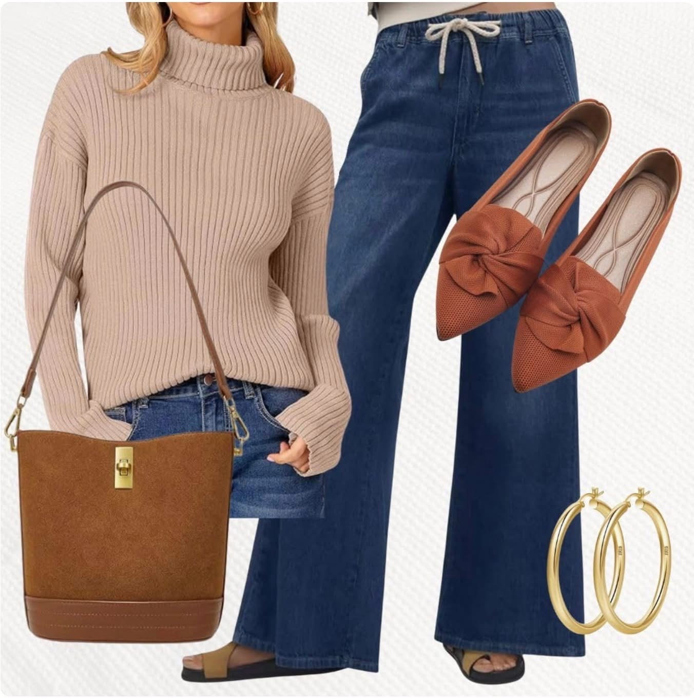 Trending Fall outfit. 

Fashionablylatemom. 
Womens clothing. 
Fall outfits. 
Casual date night. 
Trending outfit ideas. 
Womens denim pants. 
Womens jeans. 
Wide leg jeans. 
High waisted pants. 
Flare Drawstring jeans. 
Flat shoes. 
Womens shoes. 
Pointed toe flats. 
Ballet flats. 
Bow detailed flats. 
Gold jewelry. 
Gold hoops. 
Gold earrings. 
Dainty hoop earrings. 
Womens turtleneck. 
Womens sweater. 
Womens Fall/Winter sweater. 
Small bucket bag. 
Womens purse. 
Womens brown shoulder bag. 

#LTKSeasonal #LTKStyleTip #LTKShoeCrush
