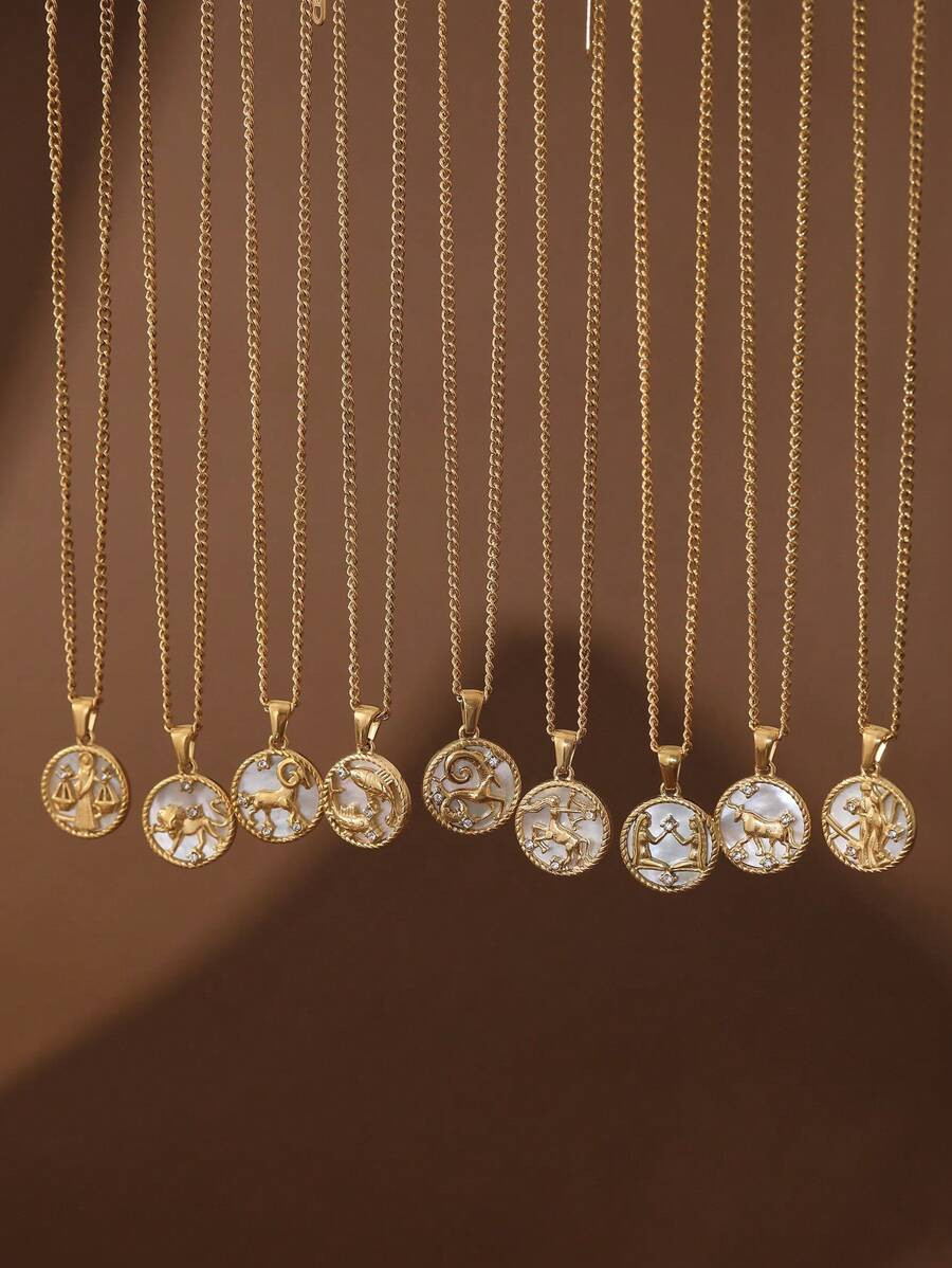 1pc Stainless Steel Shell Zodiac Coin Necklace, 18K Gold Vacuum Plated, Jewelry Gift For Women | SHEIN