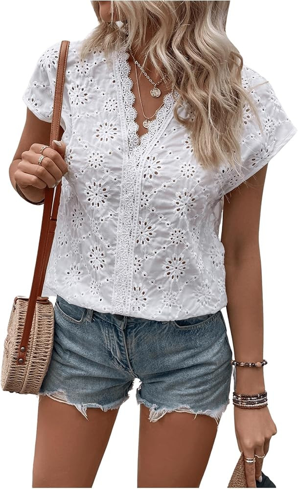 MakeMeChic Women's Eyelet Embroidered Lace Trim V Neck Short Sleeve Blouse Tops | Amazon (US)