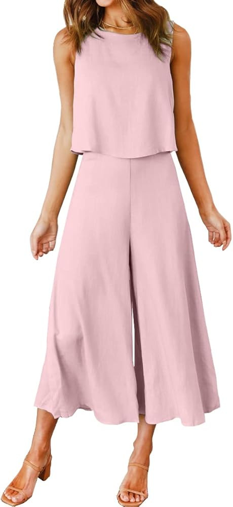 ROYLAMP Women's Summer 2 Piece Outfits Round neck Crop Basic Top Cropped Wide Leg pants Set Jumps... | Amazon (US)