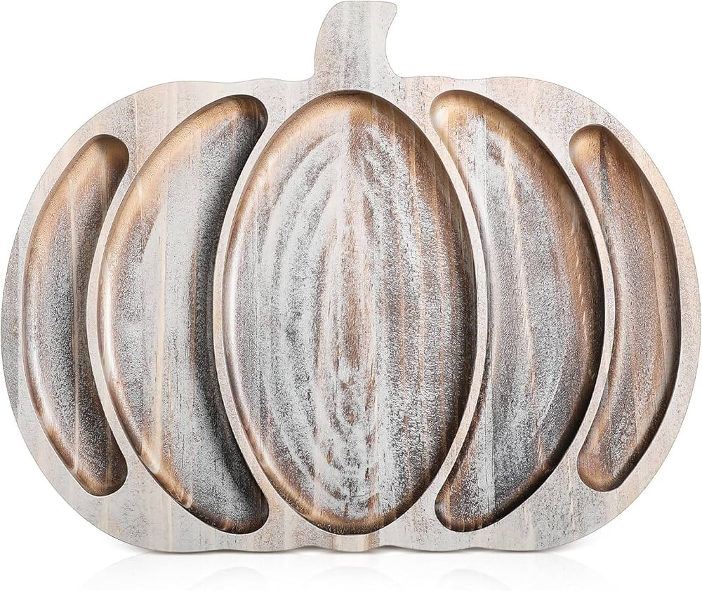 Sliner Fall Harvest Large Pumpkin Wooden Serving Platter 15x12 in Rustic Pumpkin Snack Fruit Meat... | Amazon (US)