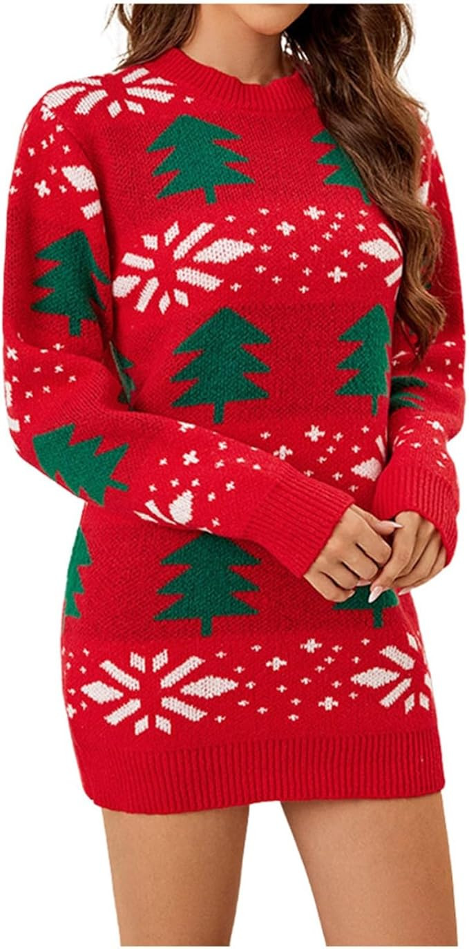 Christmas Tree Sweater Dresses for Women 2024 Casual Long Sleeve Mini Sweater Dress Fall Winter H... | Amazon (US)