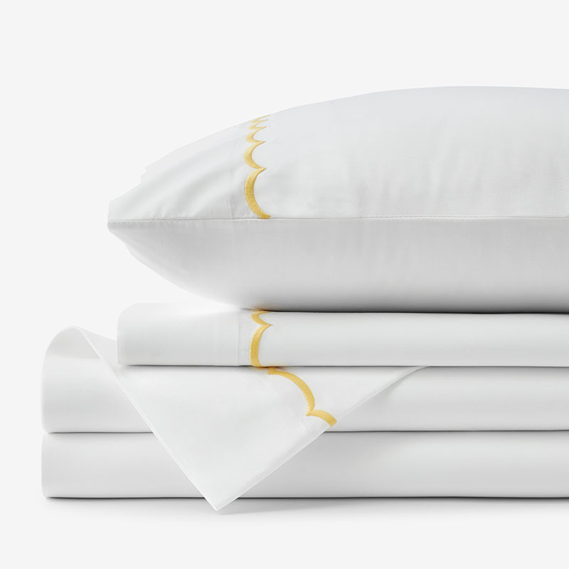 Embroidered Scallop Classic Cool Cotton Percale Bed Sheet Set - Yellow, Twin | The Company Store