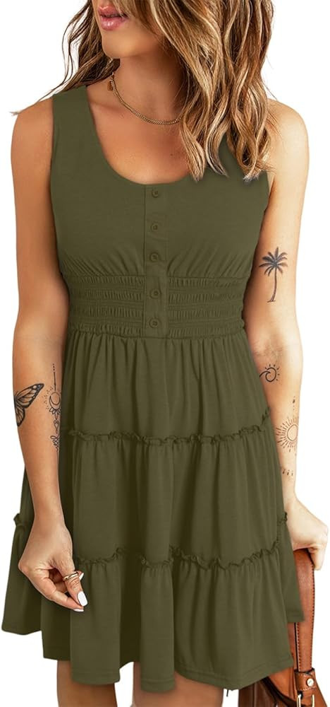 Dokotoo Womens Summer Dresses 2024 Sleeveless Button Down Smocked Elastic Waist Ruffle Tiered Cas... | Amazon (US)