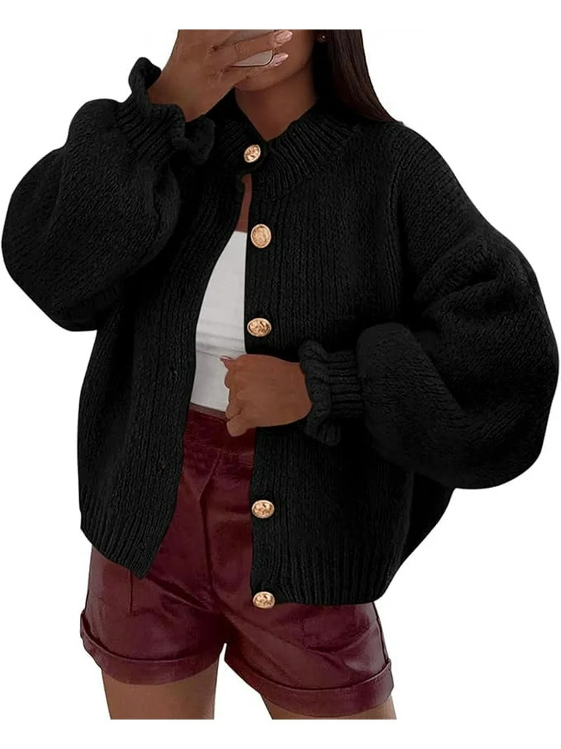 PRETTYGARDEN Womens Cropped Cardigans Trendy Ruffle Open Front Chunky Knit Sweater Oversized Butt... | Walmart (US)