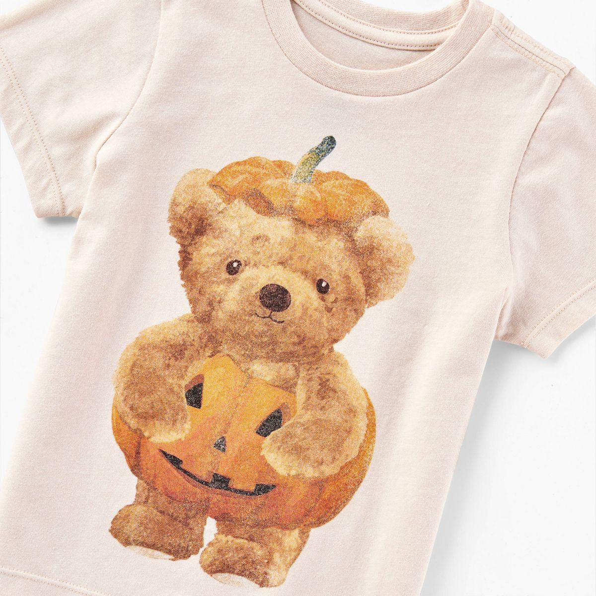 Toddler Short Sleeve Halloween Teddy Bear Pumpkin T-Shirt - Beige 18M | Target