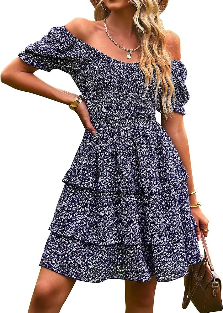 NIVYEE Women's Casual Floral Summer Dress Puff Sleeve Ruffle Hem Inside Liner A-line Dresses | Amazon (US)